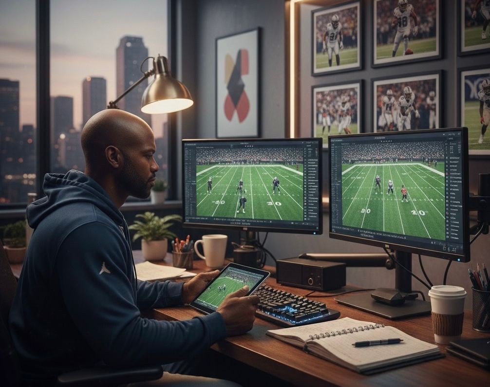 Man in a hoodie analyzing football game footage on multiple computer screens and a tablet in an office.