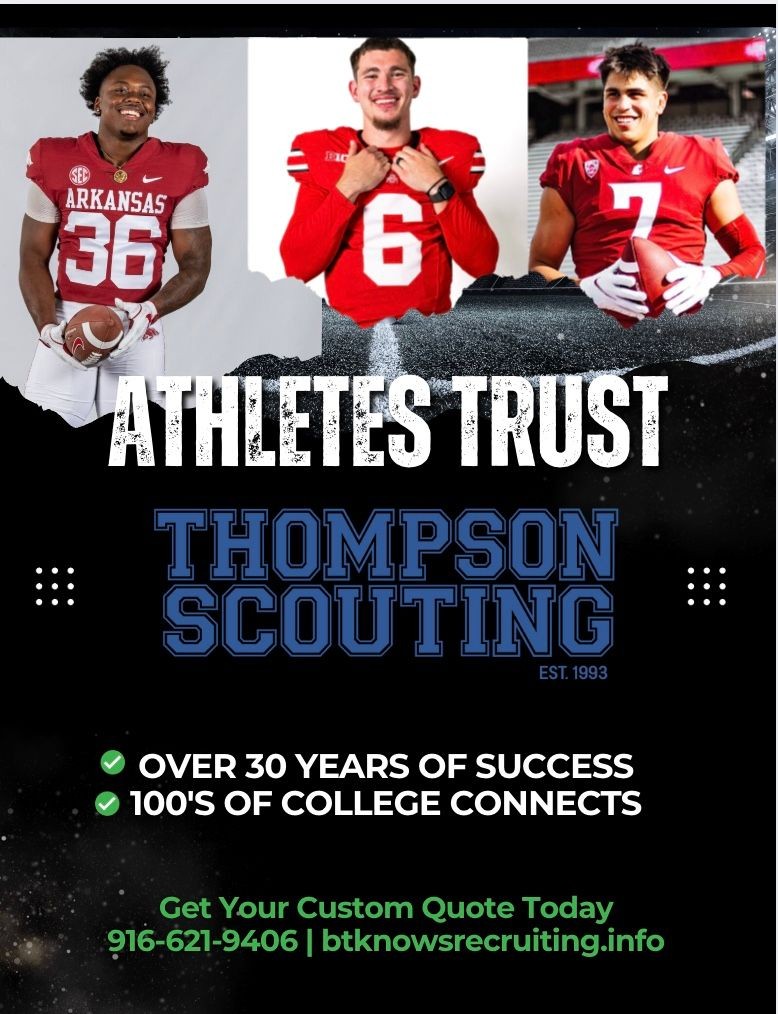 Football players in jerseys promoting Thompson Scouting with contact details and achievements listed below.