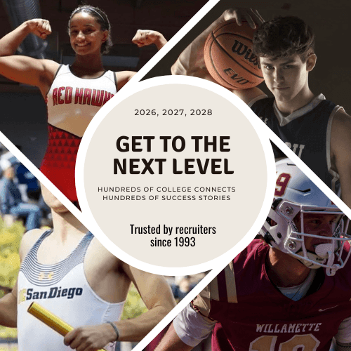 Collage featuring athletes in various sports with text promoting college connections and recruitment success.