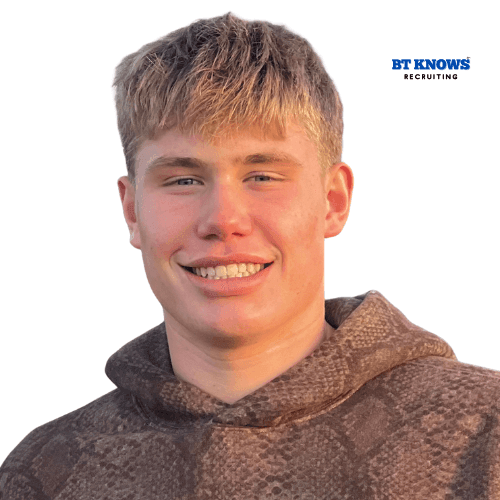 Person wearing a brown patterned hoodie with BT KNOWS Recruiting logo in the background.
